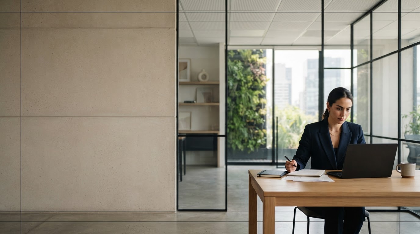 CapiNexo: espacio arquitectónico minimalista con visualización de datos financieros sobre una superficie de vidrio